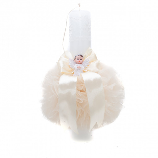 Lumanare botez cu tulle si panglica ivoire- Ingeras- 35x5 cm- LPB-210