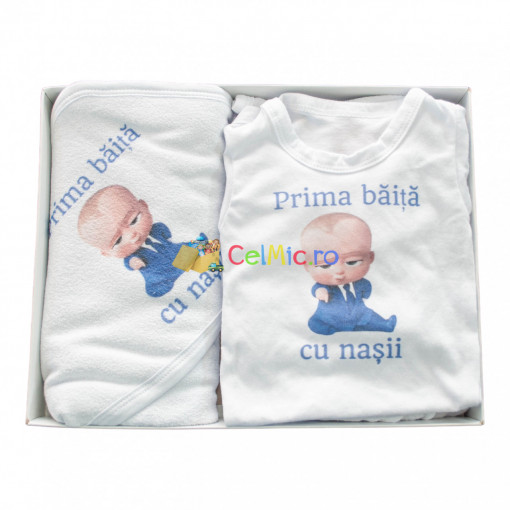 Set de baie pentru bebelusi cu 3 piese, personalizat cu mesaj - "Prima baita cu nasii" - Baby Boss, Albastru - SDB-32