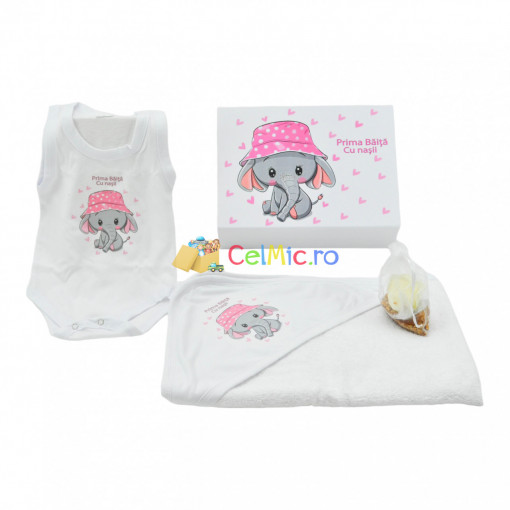 Set de baie "Prima Baita" pentru bebelusi, cu 4 piese, din bumbac, imprimat cu Elefantel, Roz - SDB-23