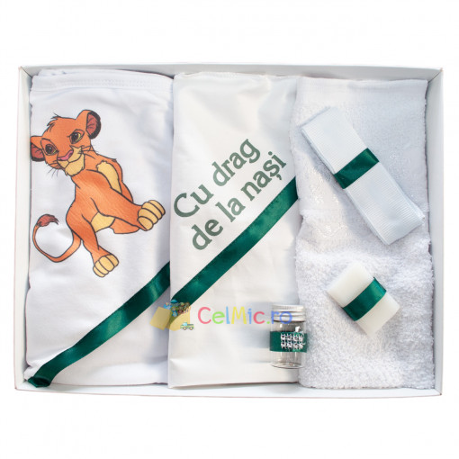Trusou botez cu 6 piese personalizat cu text imprimat - "Cu drag de la Nasi" - Simba - Alb -Verde - TPB-227