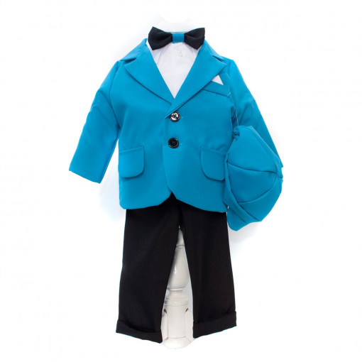 Costum botez elegant pentru baieti, 5 piese, sacou, camasa, pantaloni, papion, bascuta, Turcoaz - CBD-05