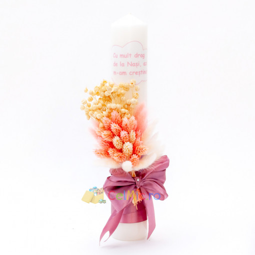 Lumanare botez cu flori uscate si spice de grau - "Azi m-am crestinat", Roz Pudra, 35x6 cm - LPB-302