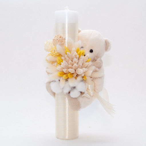 Lumanare botez cu flori uscate, spice de grau si jucarie Ursulet aplicata, Crem, 35x5 cm - LPB-256