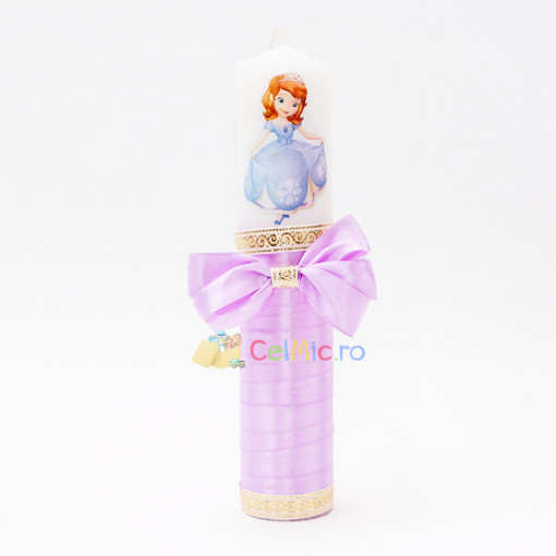 Lumanare botez cu panglica lila si funda - Sofia- 30x6.5 cm- LPB-296