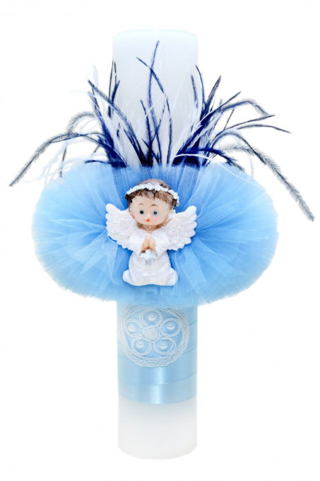 Lumanare botez cu tulle bleu si pene alb-albastre - Ingeras - 35x6 cm - LPB-10