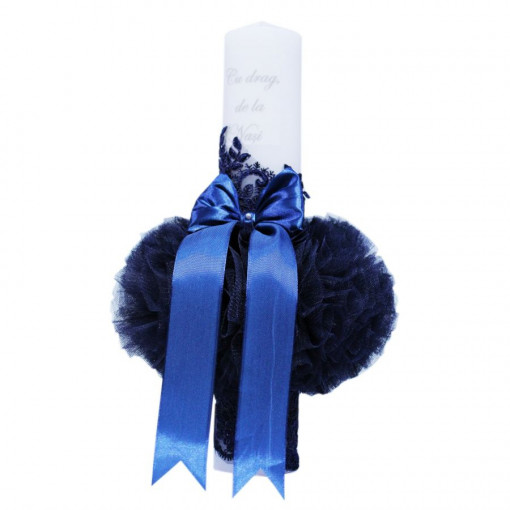 Lumanare botez cu tulle bleumarin, funda si broderie - "Cu drag de la Nasi" - 40x7 cm - LPB-157