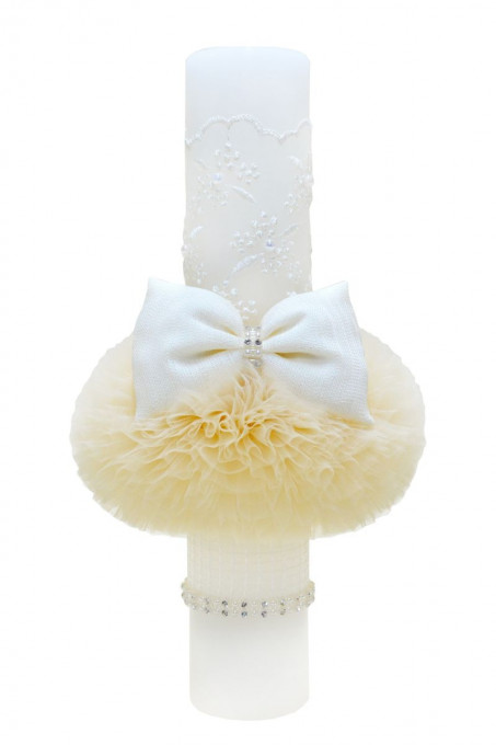 Lumanare botez cu tulle crem si funda alba - 35x6 cm - LPB-14