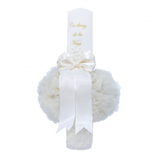 Lumanare botez cu tulle ivoire, funda si broderie - "Cu drag de la Nasi" - 40x7 cm - LPB-153