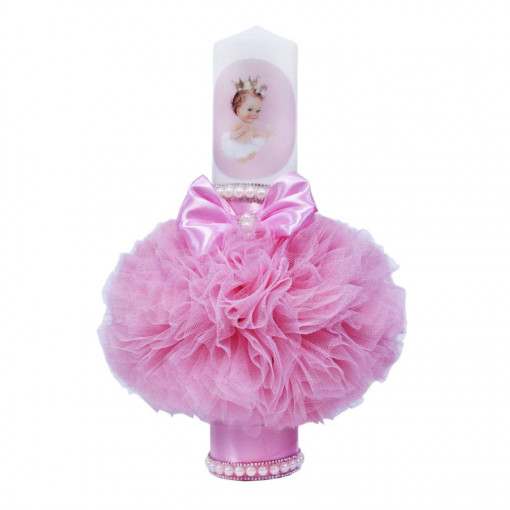 Lumanare botez cu tulle roz si perle albe - Bebe Printesa - 35x7 cm - LPB-162