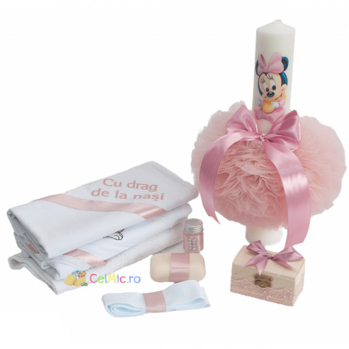 Set Botez, Lumanare cu tulle si Trusou 6 piese, Minnie Mouse, Roz pudrat- SPB-23