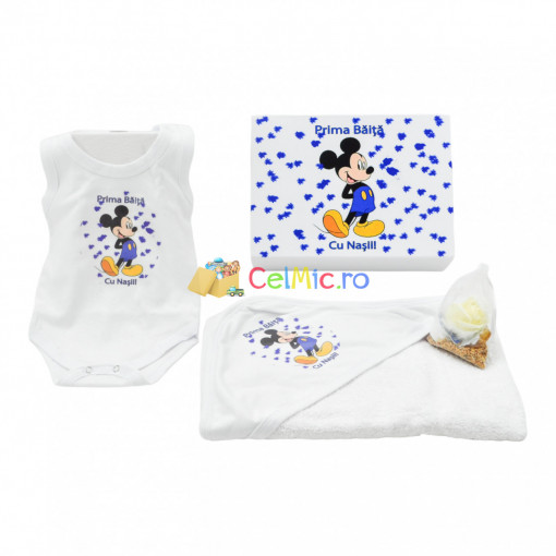 Set de baie "Prima Baita" pentru bebelusi, cu 4 piese, din bumbac, imprimat cu Mickey, Albastru - SDB-20