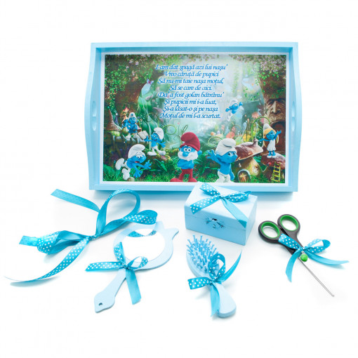 Tavita mot cu 6 piese bleu si fundite turcoaz cu buline - Strumfii - 35x20 cm - TPM-34