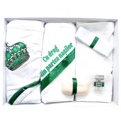 Trusou botez cu 6 piese personalizat cu broderie - "Cu drag din partea nasilor"- Coroana verde- TPB-109