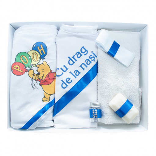 Trusou botez cu 6 piese personalizat cu text imprimat - "Cu drag de la Nasi" - Winnie de pooh - Alb -Albastru electric - TPB-224
