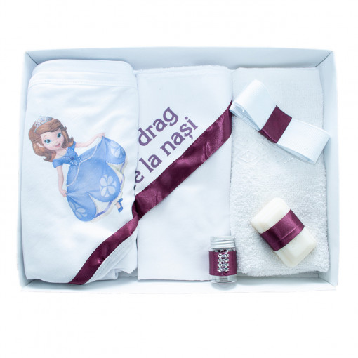 Trusou botez cu 6 piese personalizat cu text imprimat - "Cu drag de la Nasi" - Sofia - Alb -Visiniu - TPB-229