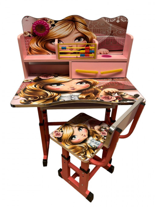 Birou cu sertare si scaunel pentru copii, 69x45x65 cm, Princess, Roz - MSP-55