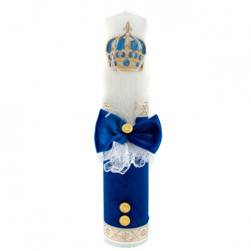Lumanare botez cu aplicatii din pene, funda si banuti aurii - Coroana - Albastru - 35x7 cm - LPB-202