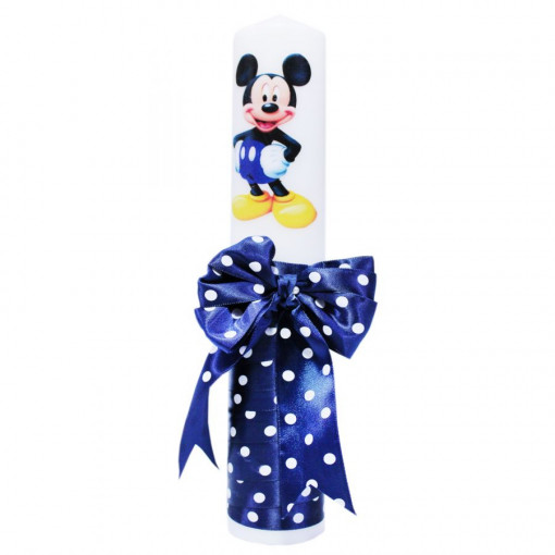 Lumanare botez cu imprimeu Mickey Mouse, funda si panglica bleumarin cu buline - 30x5 cm - LPB-63