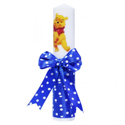 Lumanare botez cu imprimeu Winnie-The-Pooh, funda si panglica albastra cu buline - 30x5 cm - LPB-70