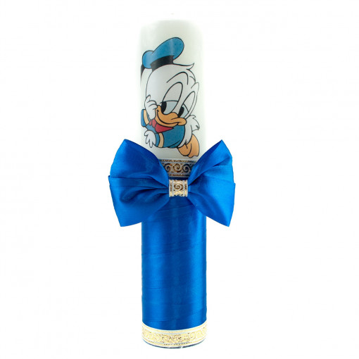 Lumanare botez cu panglica albastru electric si funda- Donald Duck- 30x6.5 cm- LPB-230