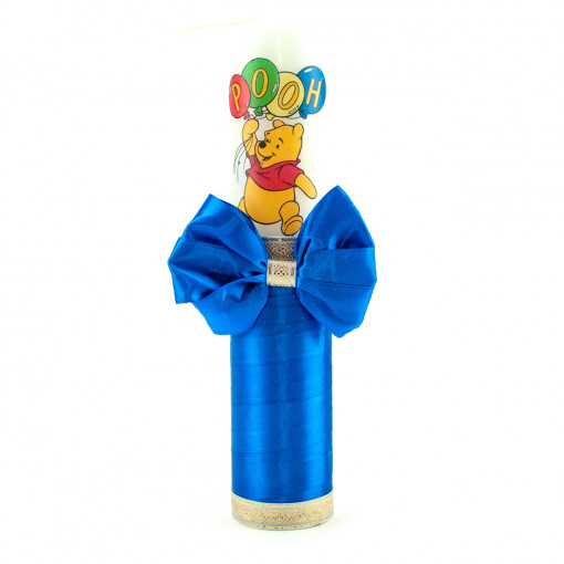 Lumanare botez cu panglica albastru electric si funda- Winnie de pooh- 30x6.5 cm- LPB-224
