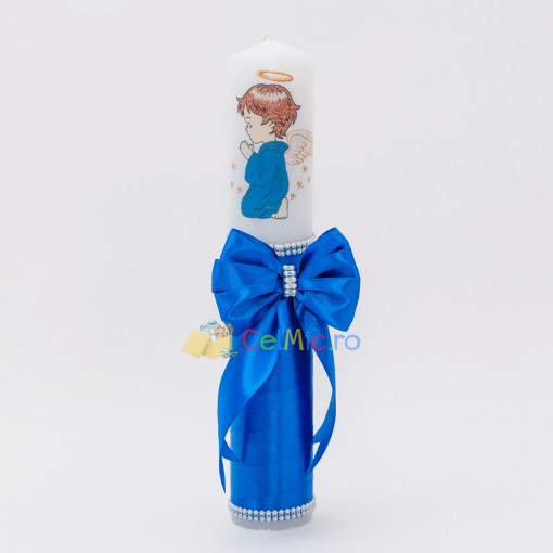 Lumanare botez cu panglica, funda si margele - Ingeras, Albastru Electric, 35x5 cm - LPB-276