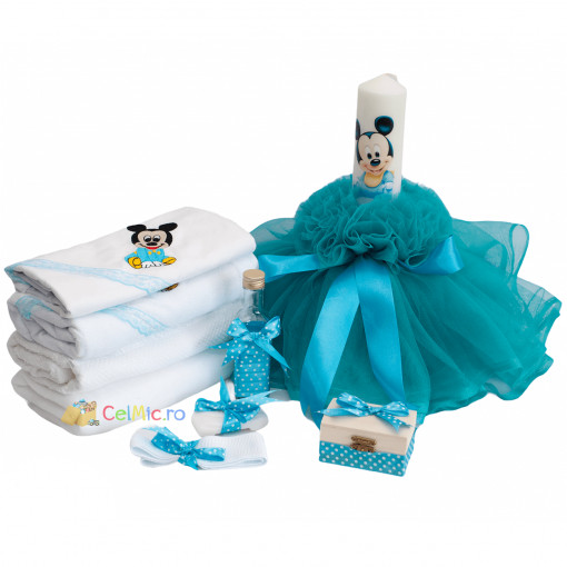 Set Botez, Lumanare cu volane si Trusou 7 piese, Mickey Mouse, Turcoaz- SPB-26