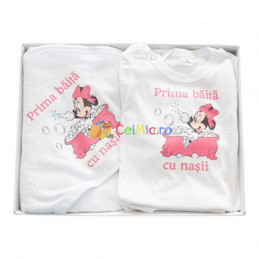 Set de baie pentru bebelusi cu 3 piese, personalizat cu mesaj - "Prima baita cu nasii" - Minnie, Corai - SDB-37