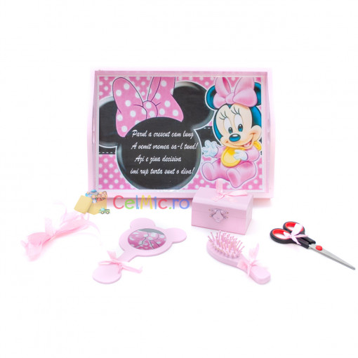 Tavita mot cu 6 piese roz cu fundite roz cu buline - Baby Minnie - 35x20 cm - TPM-65