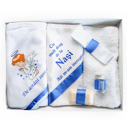 Trusou botez cu 6 piese personalizat cu text imprimat - "Azi m-am increstinat"- Albastru electric - TPB-93