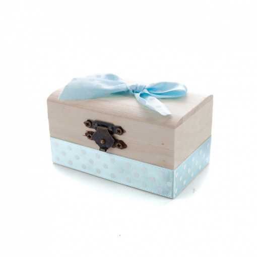Cutiuta din lemn cu panglica bleu pentru prima suvita de par a bebelusului, 10x5x5 cm - CSB-06