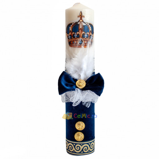 Lumanare botez cu aplicatii din pene, funda si banuti aurii - Coroana - Bleumarin - 35x7cm - LPB-180