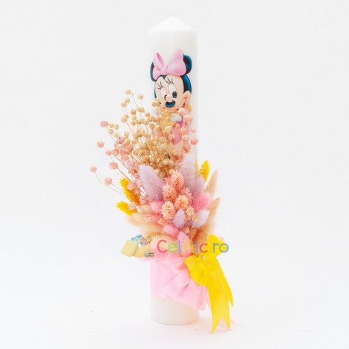 Lumanare botez cu flori uscate si spice de grau, Minnie, Roz, 35x6 cm - LPB-306