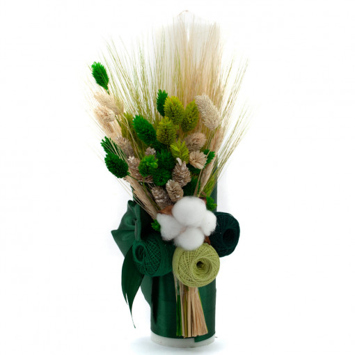 Lumanare botez cu flori uscate si spice de grau, Verde, 35x5 cm- LPB-186