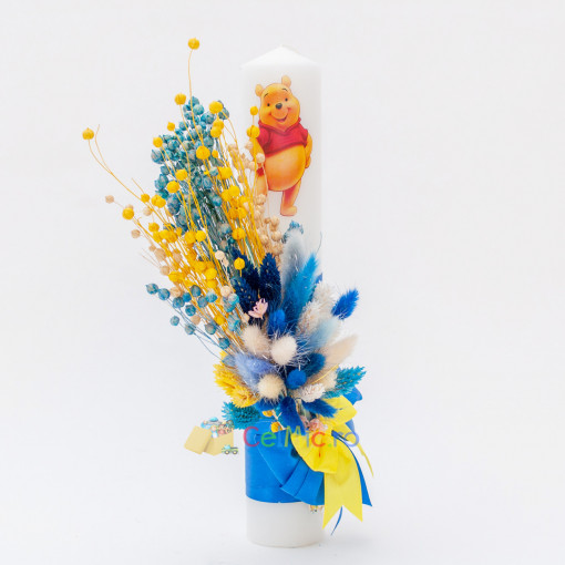 Lumanare botez cu flori uscate si spice de grau, Winnie The Pooh, Albastru electric, 35x6 cm - LPB-314