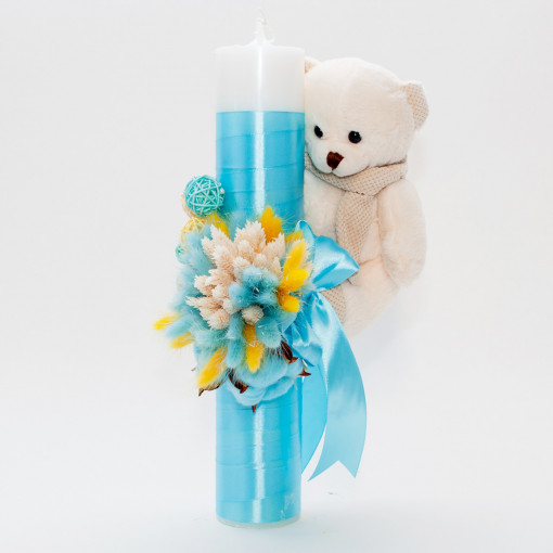 Lumanare botez cu flori uscate, spice de grau si jucarie Ursulet aplicata, Bleu, 35x5 cm - LPB-257