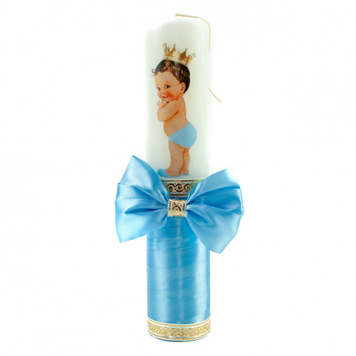 Lumanare botez cu panglica bleu si funda- Bebe Print- 30x6.5 cm- LPB-231