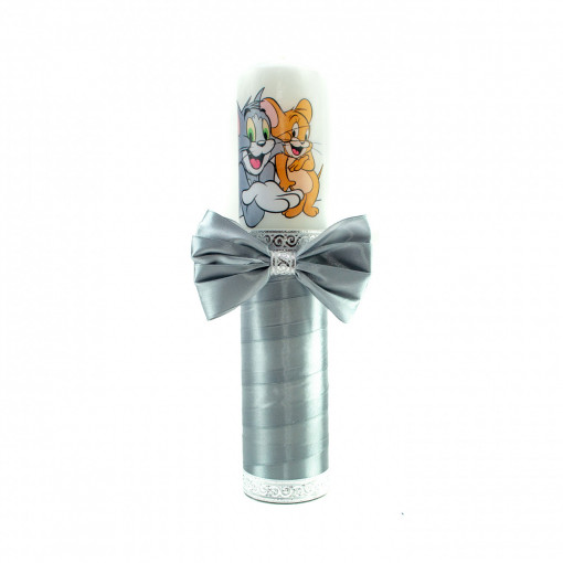Lumanare botez cu panglica gri si funda- Tom si Jerry- 30x6.5 cm- LPB-236