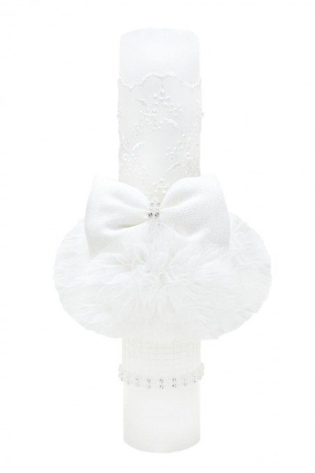 Lumanare botez cu tulle si funda - Alb - 35x6 cm - LPB-12