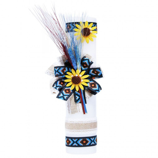 Lumanare traditionala botez cu spice de grau colorate si panglica stil traditional - 40x7 cm- LPB-90