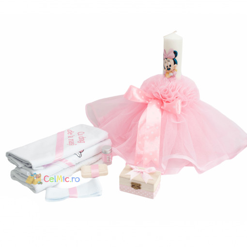 Set Botez, Lumanare cu volane si Trusou 6 piese, Minnie Mouse, Roz- SPB-20