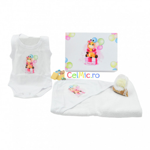 Set de baie "Prima Baita" pentru bebelusi, cu 4 piese, din bumbac, imprimat cu Girafa cu Baloane, Roz - SDB-17