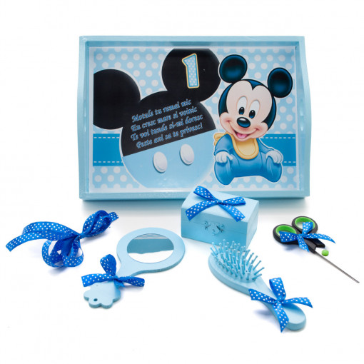 Tavita mot cu 6 piese bleu si fundite albastru electric cu buline - Mickey Mouse - 35x20 cm - TPM-46
