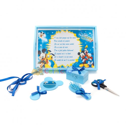 Tavita mot cu 6 piese cu fundite bleu cu buline - Mickey si Prietenii - Albastru - 35x20 cm - TPM-52