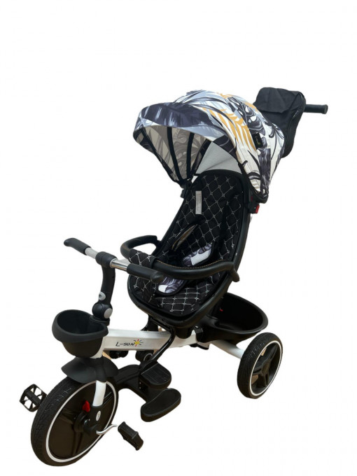 Tricicleta pliabila cu scaun reversibil si pozitie de somn, Negru cu frunze, TMR-44-frunze