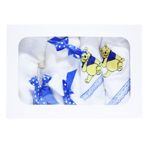 Trusou botez cu 7 piese - Winnie-the-Pooh brodat - Alb-Albastru - TPB-49
