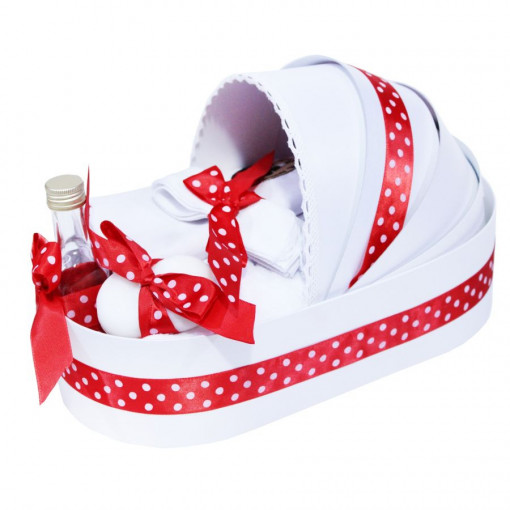 Trusou botez tip landou cu 6 piese - Minnie Mouse - Alb-Rosu - TPB-82