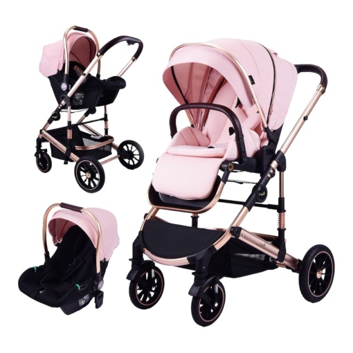 Carucior 3 in 1 reversibil si pliabil cu geanta inclusa si scoica auto, 0-36 luni, Roz - CPC-60-roz