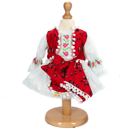 Costum popular pentru fetite cu vesta, batic si traistuta inflorata - 5 piese - Alb-Rosu - RTF-12