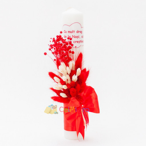Lumanare botez cu flori uscate si spice de grau - "Azi m-am crestinat", Rosu, 35x6 cm - LPB-303